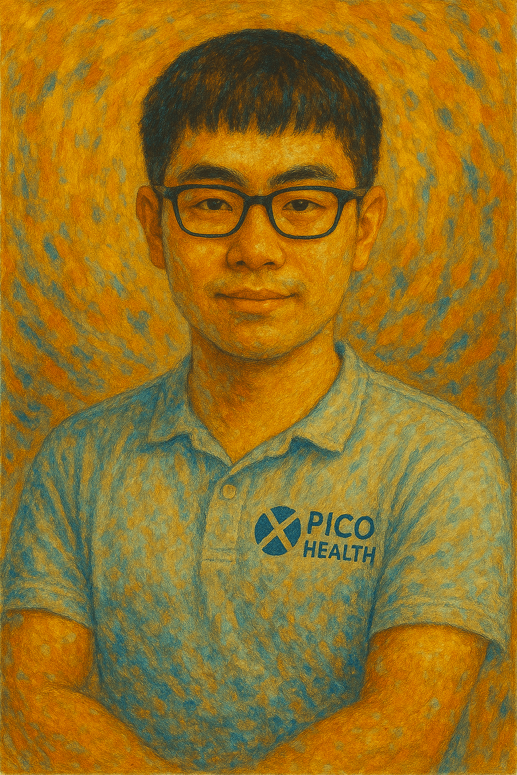 Person wearing a 'Pico Health' branded polo shirt with an orange and blue patterned background.